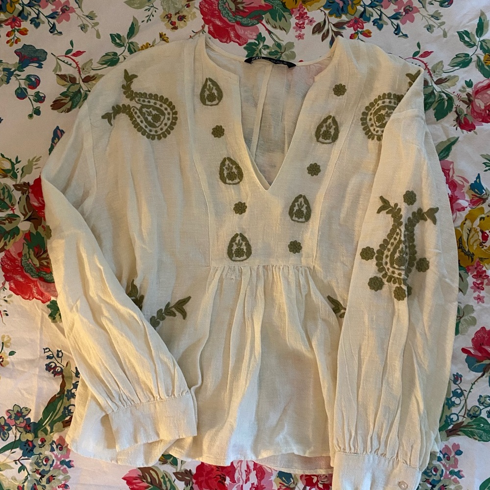 Zara Cream Puff Sleeve Embellished Blouse